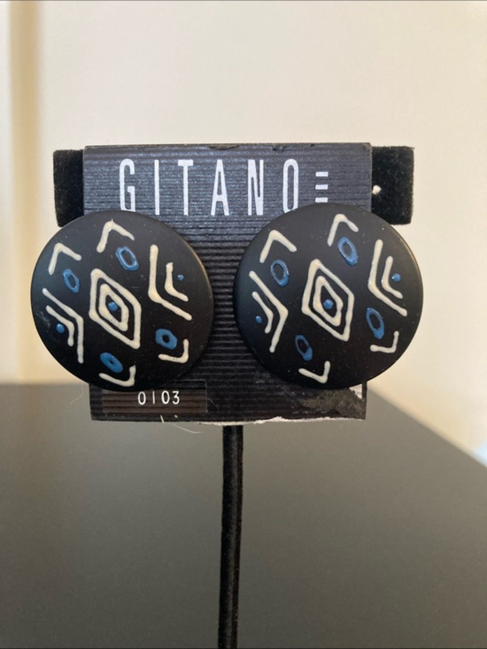 Gitano Black Round Geo-Pattern Clip-On Earrings with Blue and Cream Accents
